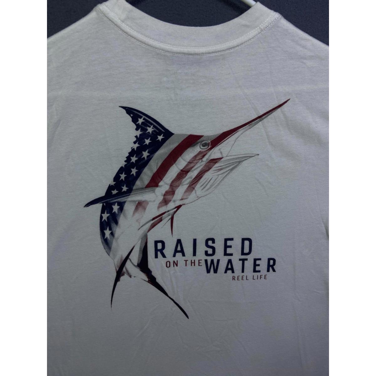 Reel Life T Shirt Mens Size Medium White Fishing Marlin Raised On The Water Euc!